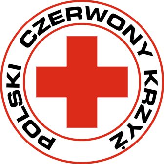 Czerwony krzyż na białym tle, wokół napis Polski Czerwony Krzyż