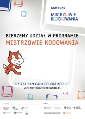 plakat projektu pomarańczowy kot logo języka Scratch