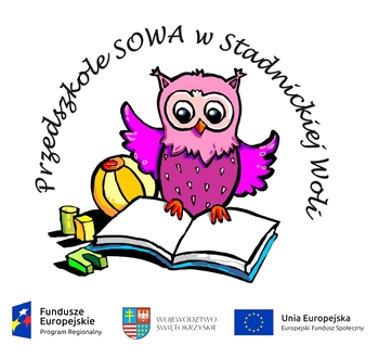 Logo przedszkola w Stadnickiej Woli, różowa sowa na książce